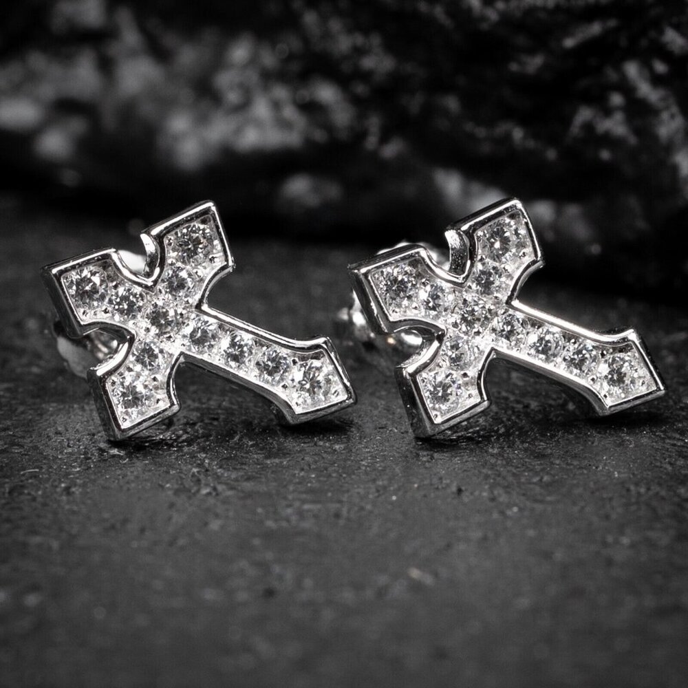 White Gold Sterling Silver Iced Cz Channel Set Cross Screw Back Stud Earrings
